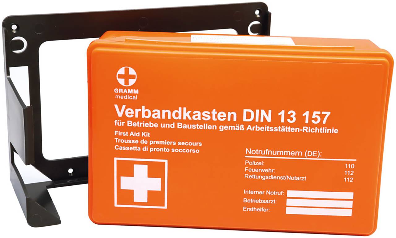Verbandkasten, orange, DIN13157, Grundausstattung inkl. Wandhalter