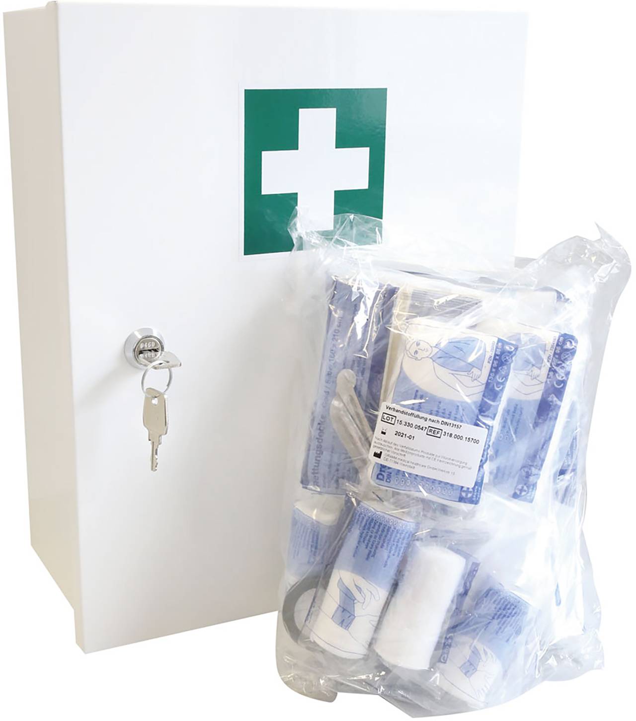 Metall-Verbandschrank A DIN 13 157 weiß, mit Erste-Hilfe-Symbol, verschließbar