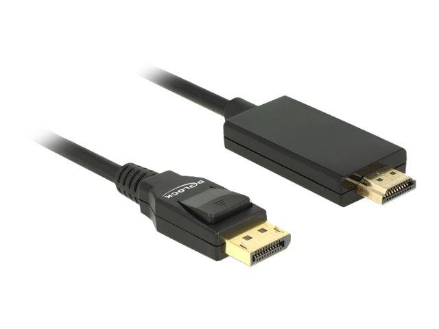 Zwei schwarze DisplayPort-Kabel mit Steckverbindern, eines Standard- und eines mit Verriegelung, auf weißem Hintergrund gezeigt.