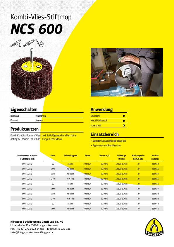 Fächerschleifer NCS 600 Ø50xH30mm K.150 Korund Schaft-D.6mm KLINGSPOR
