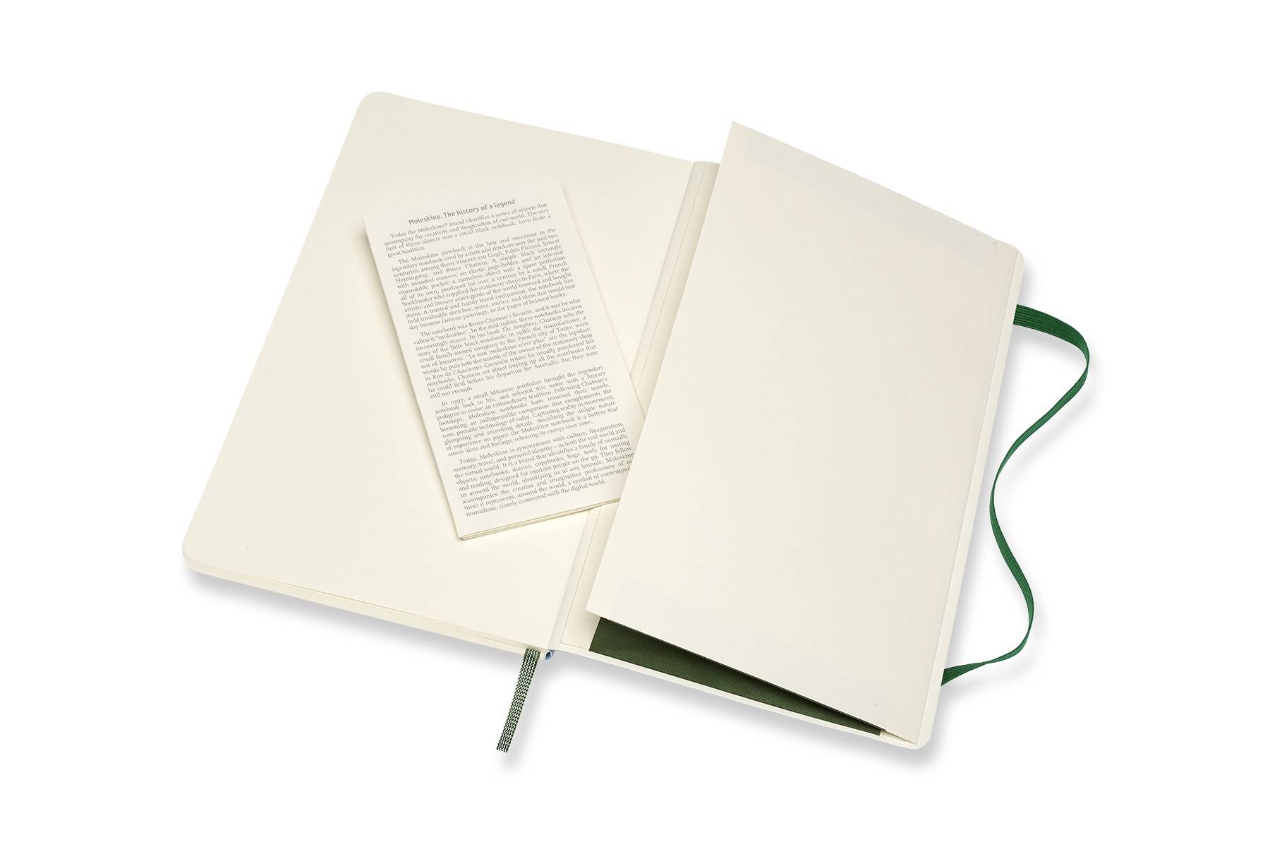 Offenes cremefarbenes Notizbuch mit einer leeren rechten Seite, ein bedrucktes Blatt auf der linken Seite eingeklemmt und ein grünes Seidenband als Lesezeichen.