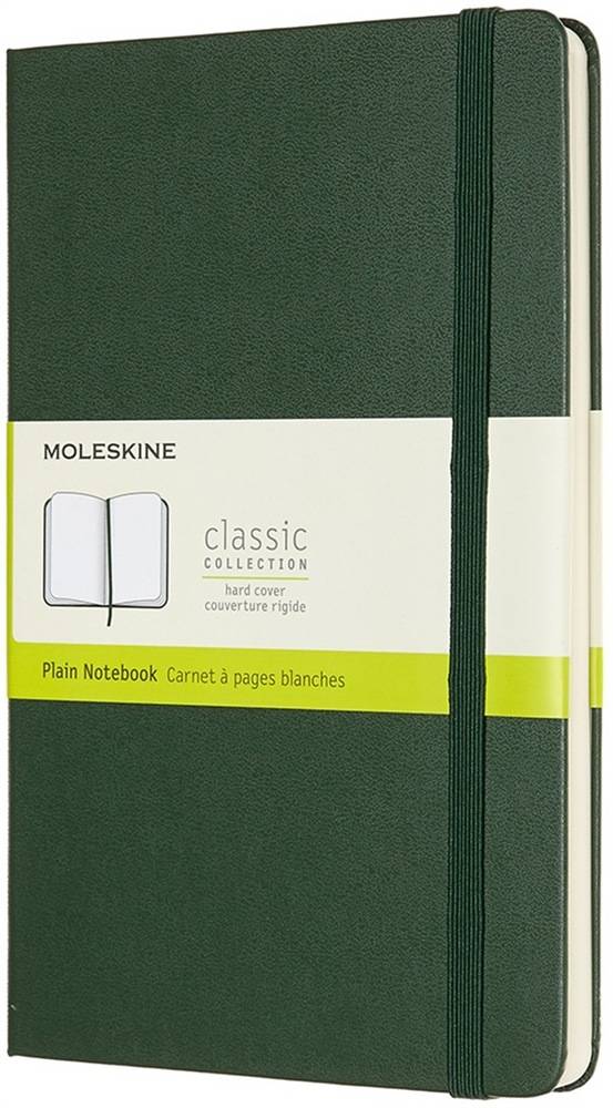 Grünes klassisches Moleskine-Notizbuch mit Gummiband, mit der Bezeichnung „Plain Notebook