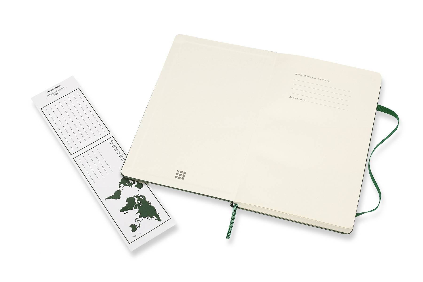 Geschlossenes cremefarbenes Notizbuch mit grünem Schleifen-Lesezeichen und Gummiband, daneben ein passendes Blumenbild-Lesezeichen oder Einlage auf weißem Hintergrund.