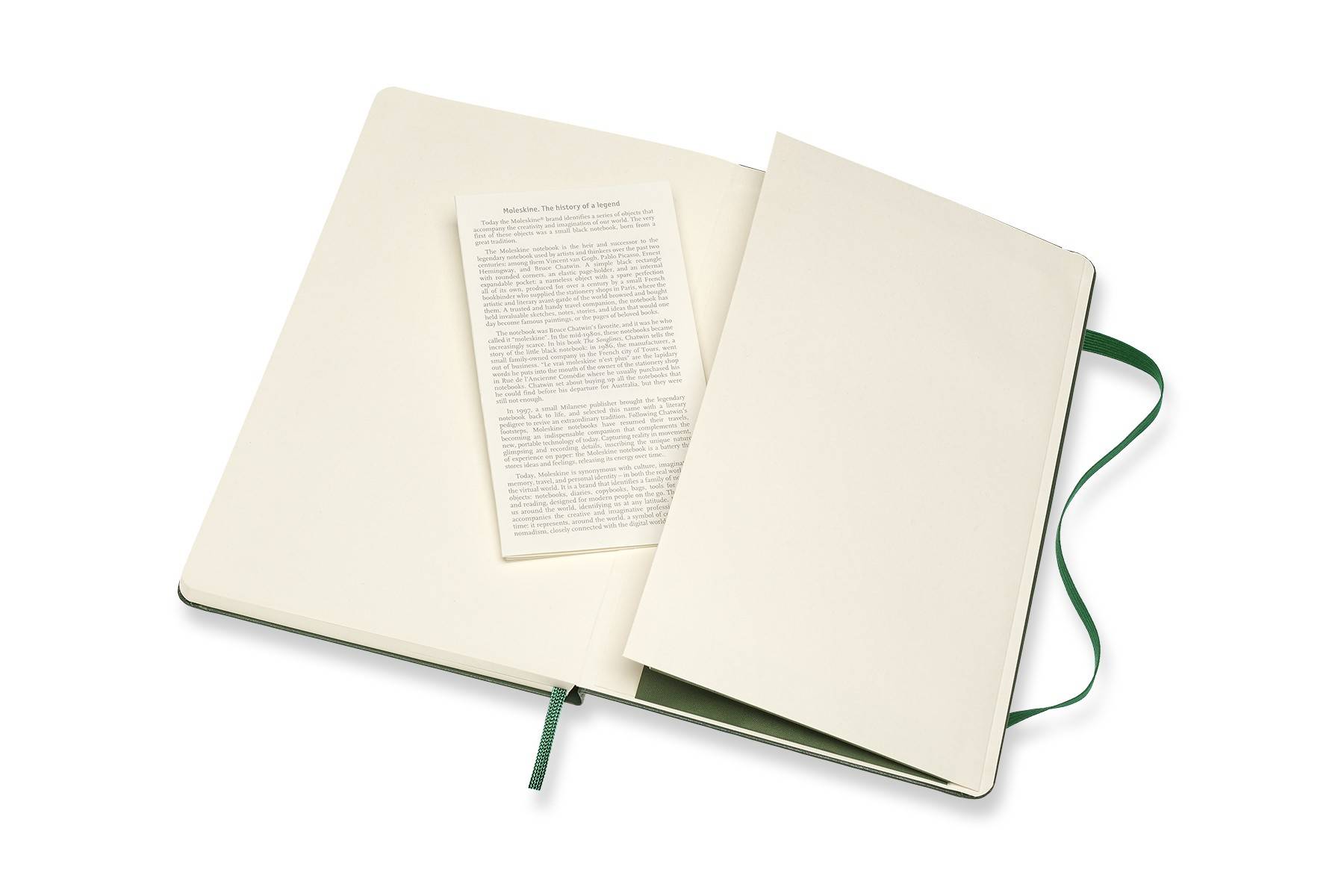 Ein offenes creme-farbenes Notizbuch mit leeren Seiten, einem grünen Stofflesezeichen und einem lockeren gedruckten Blatt darin.