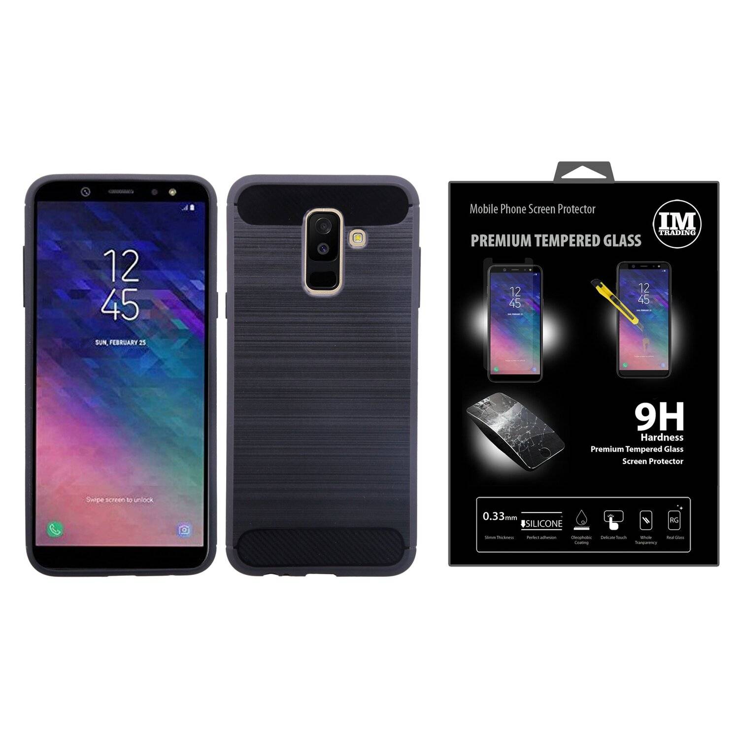 Silikon Hülle + 9H Schutzfolie Echt Glas Zubehör Bumper Schale Schutzhülle in Carbon-Schwarz für Motorola Moto E6 Plus