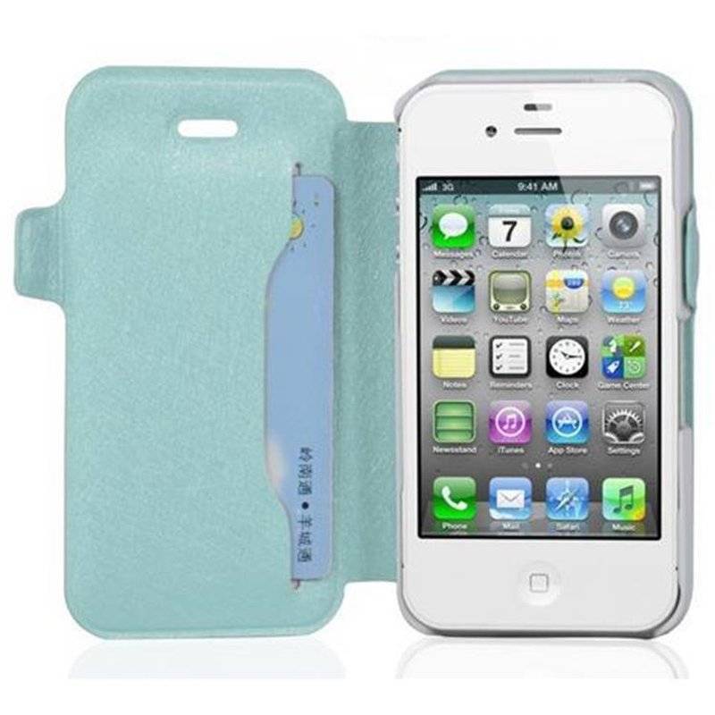 Cadorabo Hülle für Apple iPhone 4 / iPhone 4S - Hülle in ICY BLAU – mit Standfunktion und Kartenfach im Ultra Slim Design
