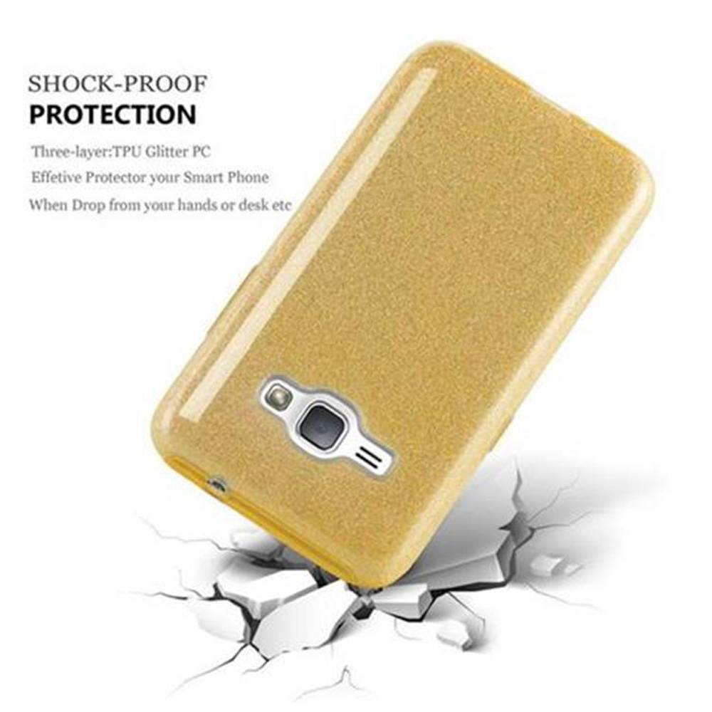 Cadorabo Hülle für Samsung Galaxy J1 2016 Schutz Hülle in Gold TPU Etui Handyhülle Hard Case Etui Glitzer Glitter
