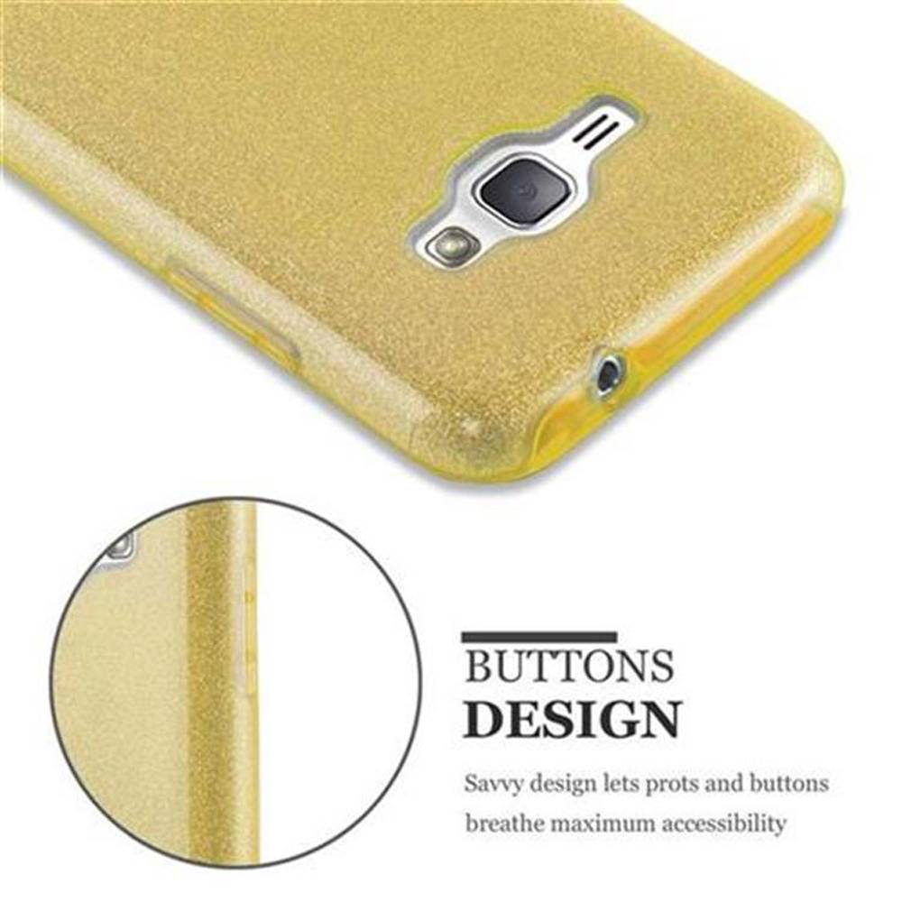 Cadorabo Hülle für Samsung Galaxy J1 2016 Schutz Hülle in Gold TPU Etui Handyhülle Hard Case Etui Glitzer Glitter