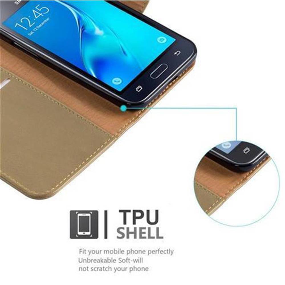 Cadorabo Hülle für Samsung Galaxy J1 2016 Schutzhülle in Braun Handyhülle Book Tasche Case Etui Luxury