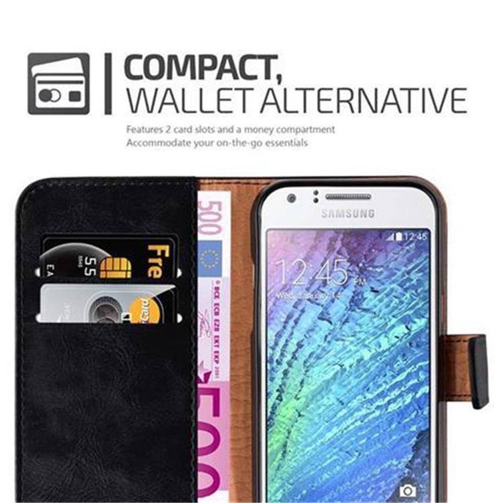 Cadorabo Hülle für Samsung Galaxy J1 2015 Schutzhülle in Schwarz Handyhülle Book Tasche Case Etui Luxury