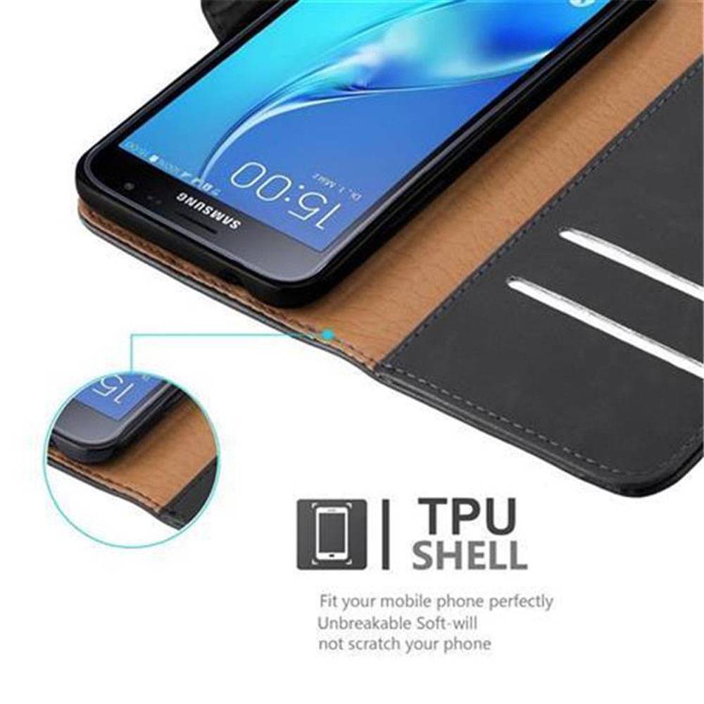 Cadorabo Hülle für Samsung Galaxy J3 2016 Schutzhülle in Schwarz Handyhülle Book Tasche Case Etui Luxury
