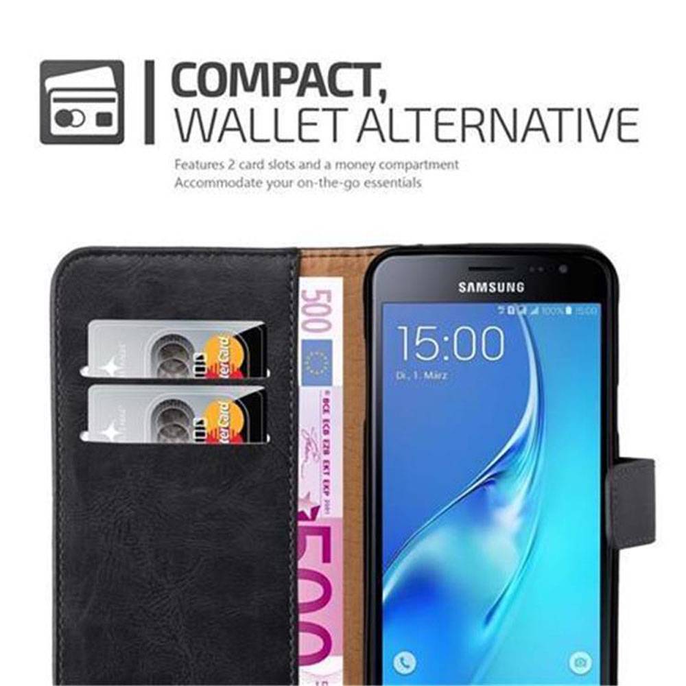 Cadorabo Hülle für Samsung Galaxy J3 2016 Schutzhülle in Schwarz Handyhülle Book Tasche Case Etui Luxury