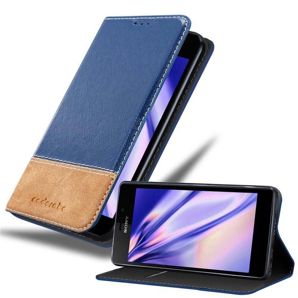 Cadorabo Handy Hülle für Sony Xperia M2 / M2 AQUA Hülle in DUNKEL BLAU BRAUN , Schutzhülle Tasche case cover mit Kartenfach, Standfunktion, Magnet