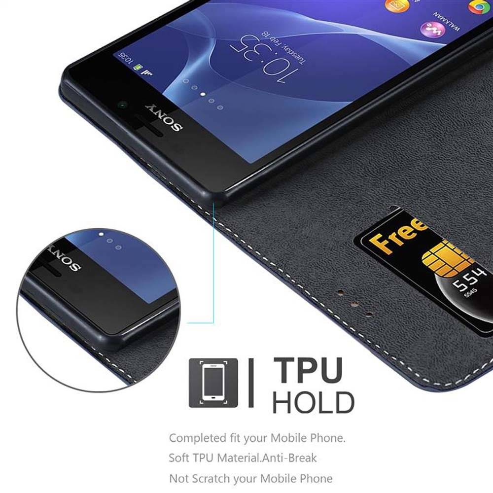 Cadorabo Handy Hülle für Sony Xperia M2 / M2 AQUA Hülle in DUNKEL BLAU BRAUN , Schutzhülle Tasche case cover mit Kartenfach, Standfunktion, Magnet