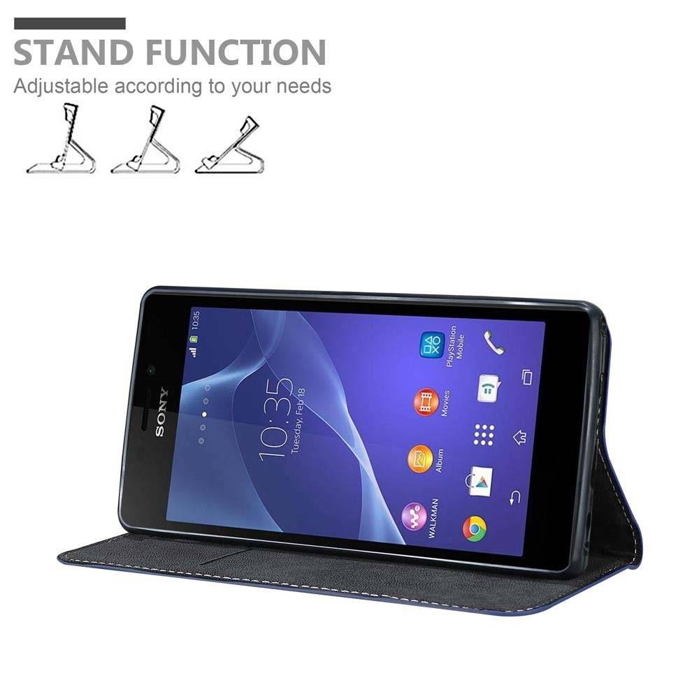 Cadorabo Handy Hülle für Sony Xperia M2 / M2 AQUA Hülle in DUNKEL BLAU BRAUN , Schutzhülle Tasche case cover mit Kartenfach, Standfunktion, Magnet