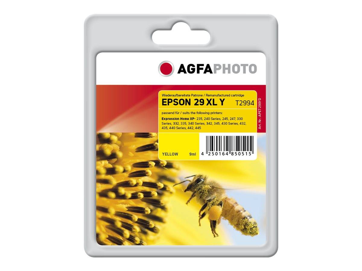AGFAPHOTO Epson 29 XL gelbe Tintenpatrone mit Bienen- und Blumenmotiv auf der Vorderseite der Verpackung.