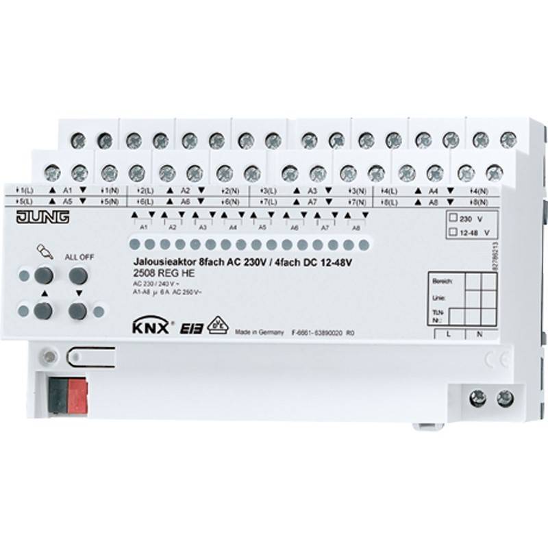 Weißes JUNG KNX Relaisaktormodul mit der Bezeichnung „Jalousieaktor 8fach AC 230V / 4fach DC 12-48V