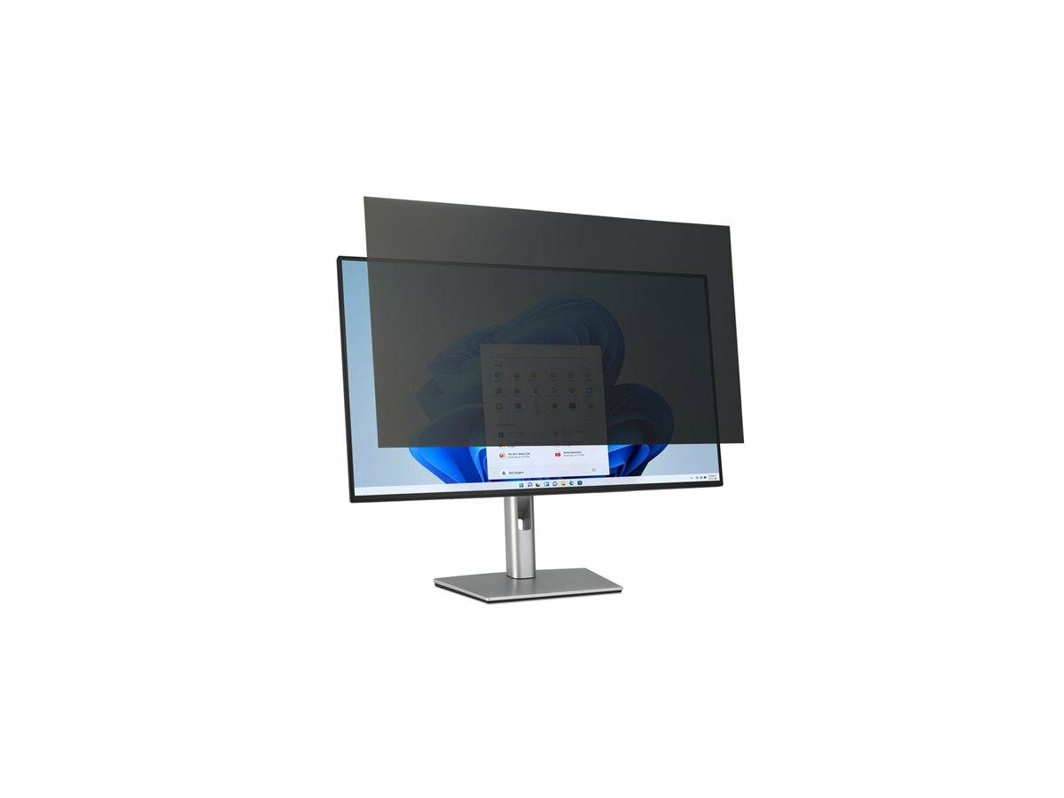 Computermonitor mit einer dunklen Datenschutzschutzfolie-Überlagerung, die den größten Teil des Bildschirms verdeckt, auf einem Ständer vor weißem Hintergrund angezeigt.