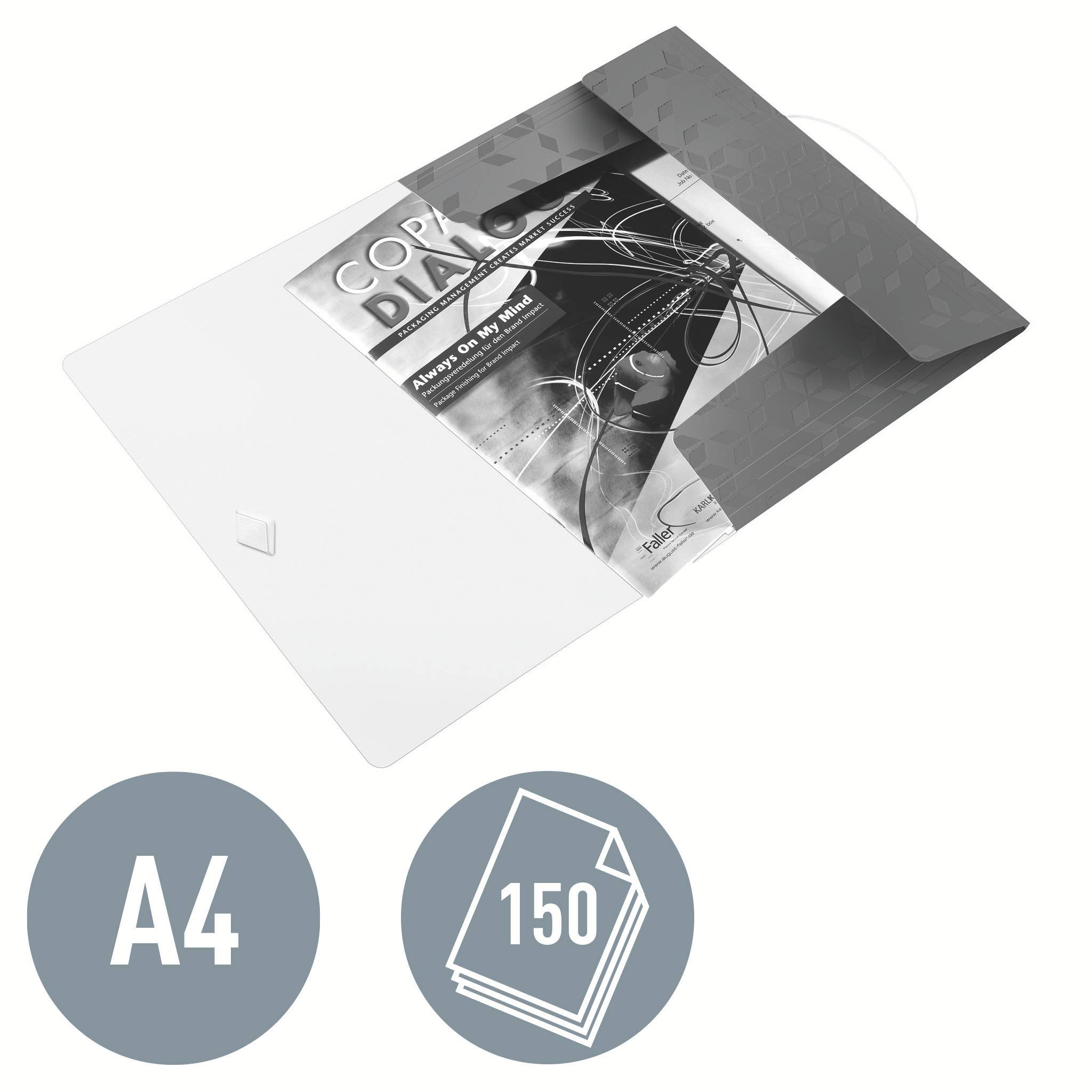Ein A4-Kopierpapier-Paket mit 150 Blatt, dargestellt in einem Symbolsatz mit grauem Etikett.