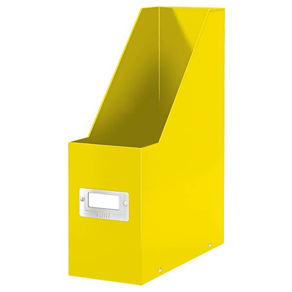 Gelbes Zeitschriftenorganizer mit Etikettenhalter an der Vorderseite, auf weißem Hintergrund dargestellt.