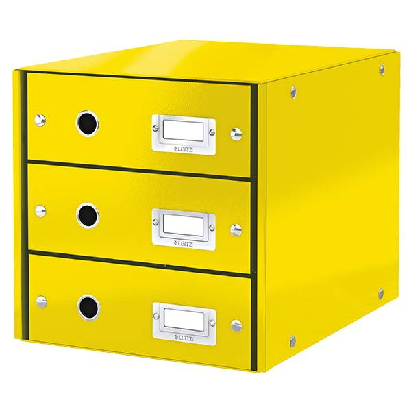 Helles gelbes Metall-Lagerschrank mit drei Schubladen oder Dokumentenbox mit runden Griffen und Etikettenhaltern auf jeder Schublade