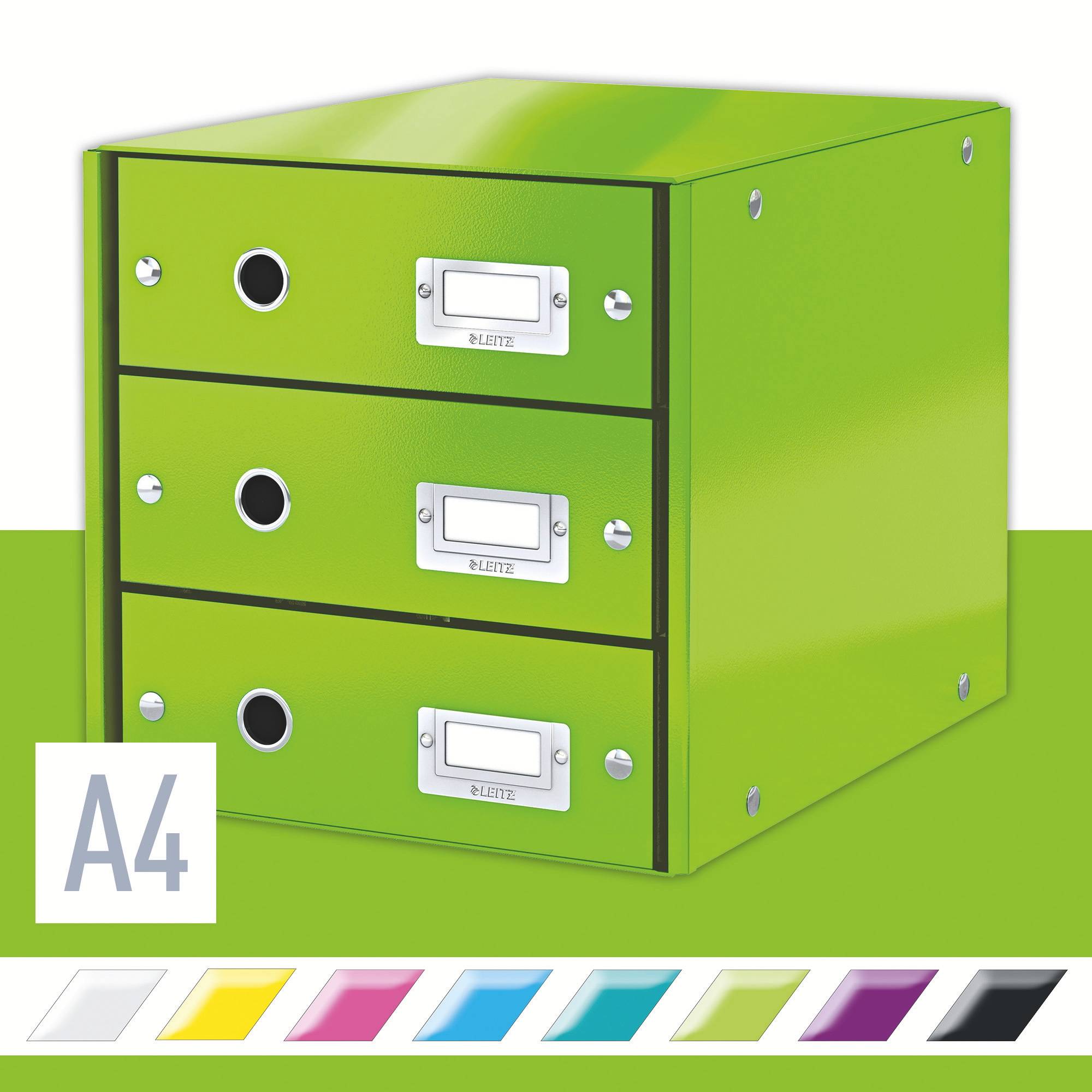 Helles grünes Dokumentenorganizer-Box mit drei Schubladen für A4-Formate, darunter sind Farboptionsmuster angezeigt.