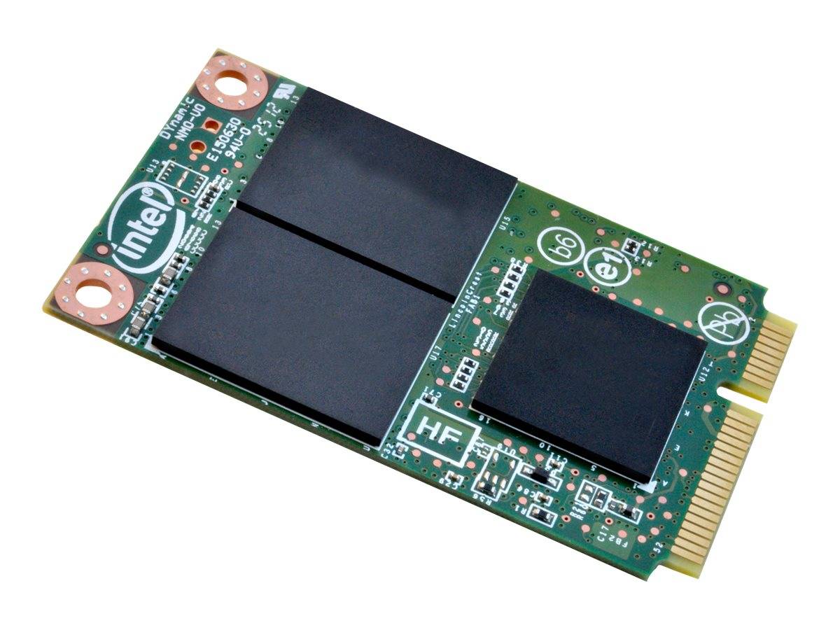 Intel Solid-State-Drive-Leiterplatte mit Flash-Memory-Chips und vergoldetem Steckerrand auf weißem Hintergrund