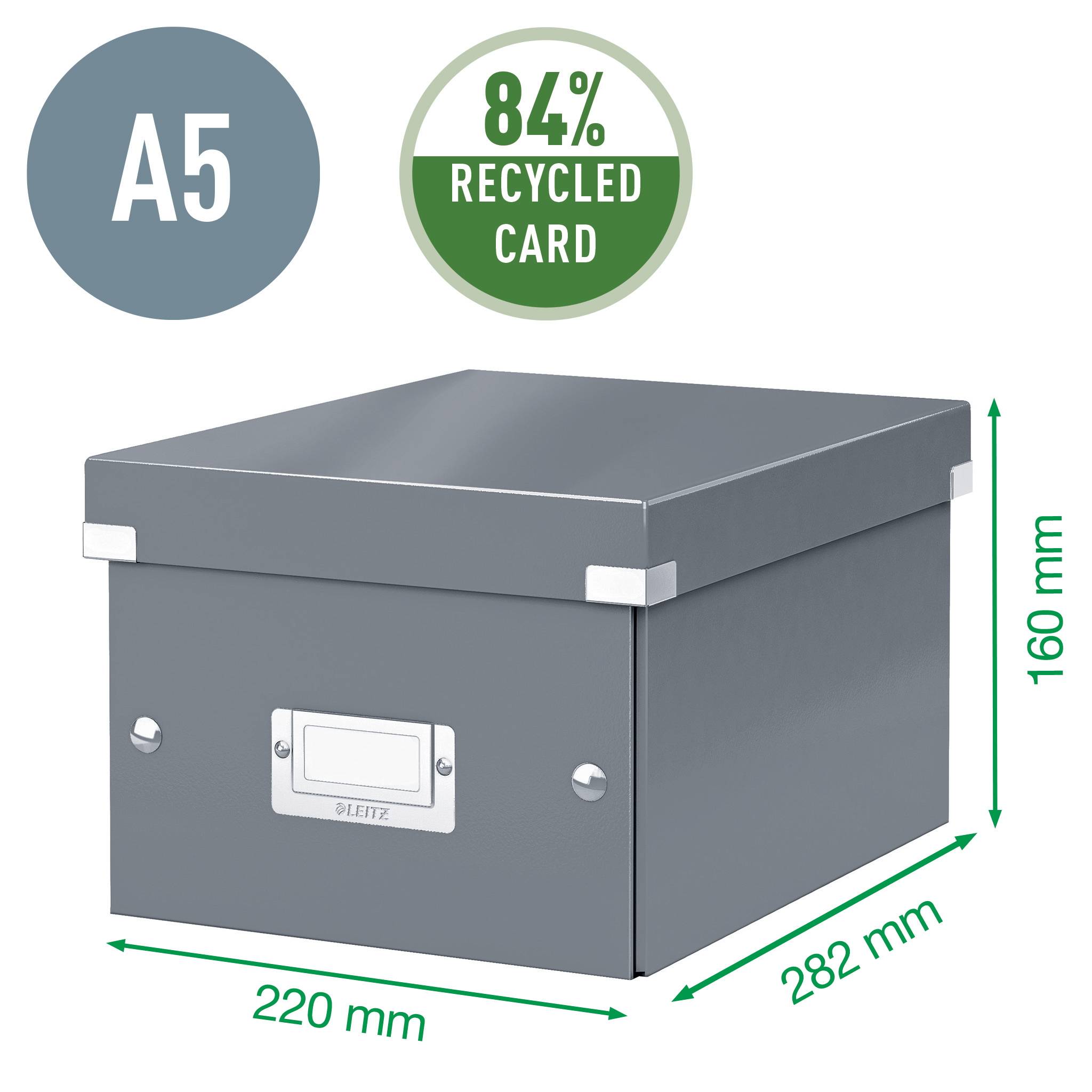 Graue A5-Aufbewahrungsbox aus 84% recyceltem Karton mit den Abmessungen 220 mm Breite, 282 mm Tiefe und 160 mm Höhe.