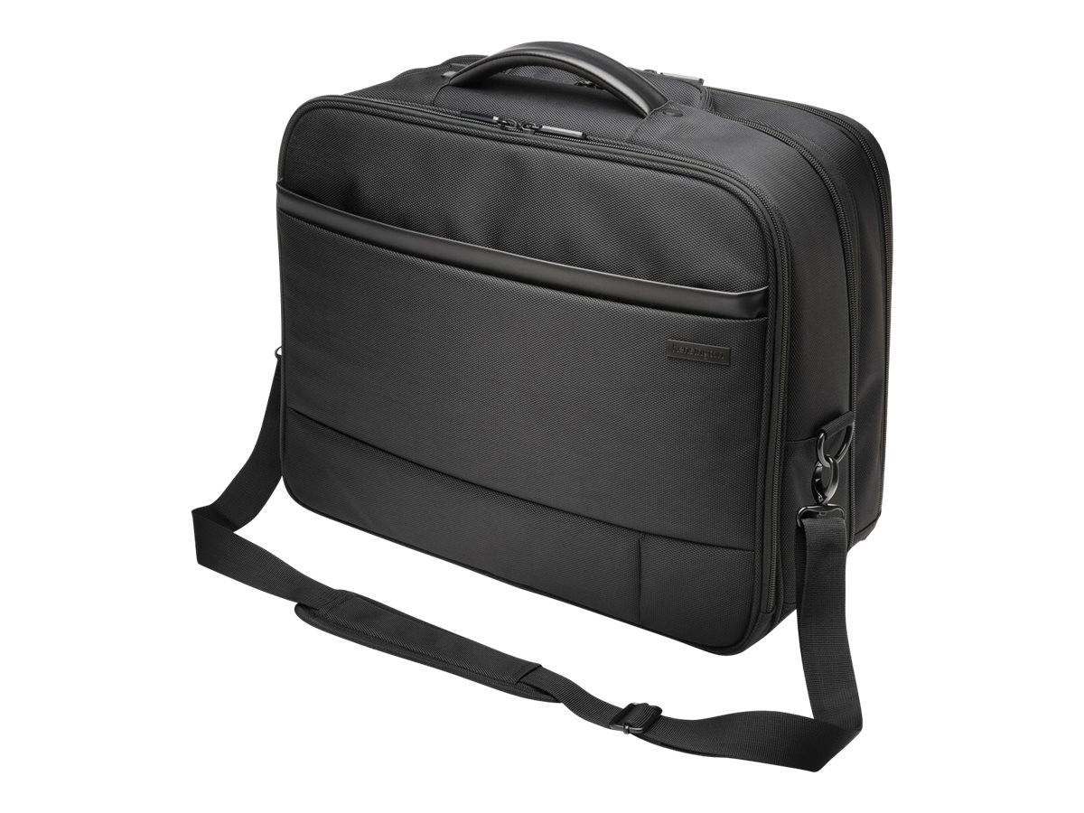 Schwarze Laptop-Aktentasche mit Griff an der Oberseite, Reißverschlusstasche an der Vorderseite und Schultergurt auf weißem Hintergrund.