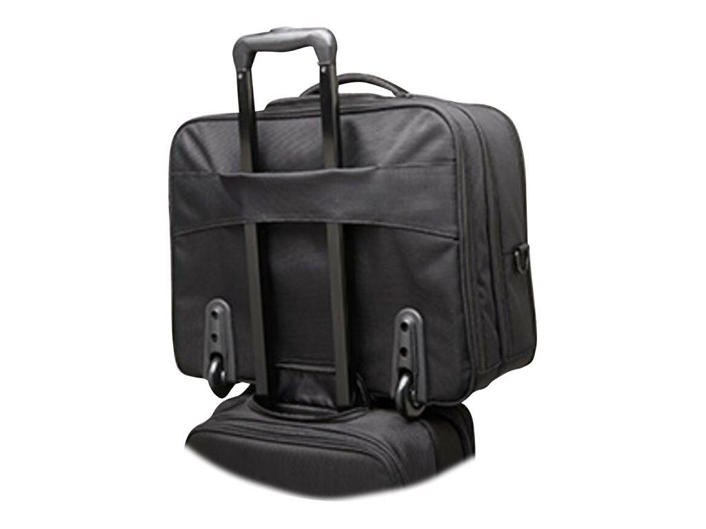 Schwarze Laptop-Tasche im Rollkoffer-Stil mit ausziehbarem Teleskopgriff, gezeigt vor weißem Hintergrund.