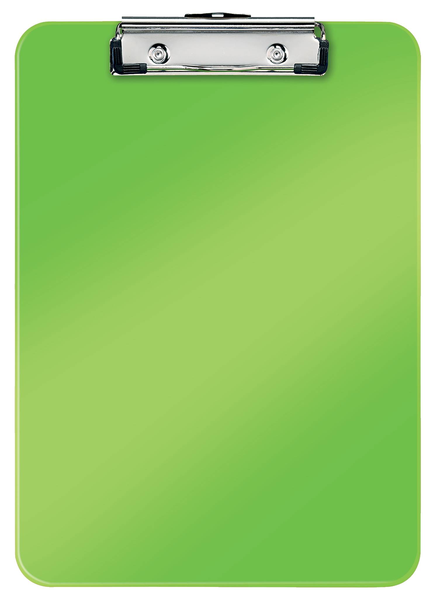 Grüne Zwischenablage mit einem leeren Blatt Papier und silbernem Metallclip oben.