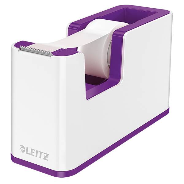 Weiß-violetter Leitz-Taperoller mit geladener Rolle Klebeband, gezeigt vor einem einfachen Hintergrund.