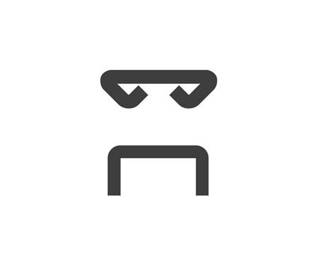 Minimales schwarzes Symbol eines Gesichts mit Sonnenbrille über einer rechteckigen Mund- oder Bartform auf weißem Hintergrund.