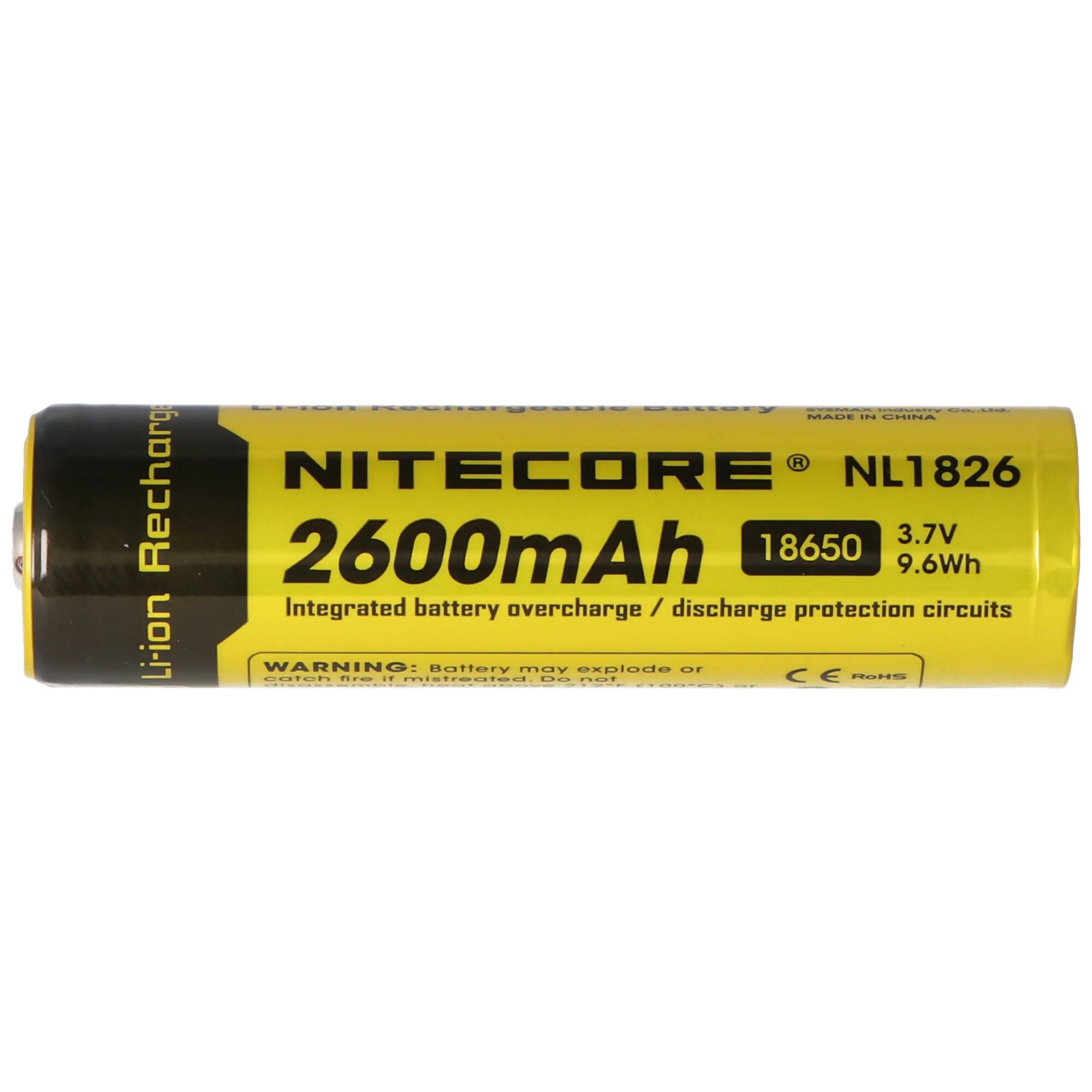 NiteCore 18650 Li-Ion Akku für LED Taschenlampen NL186 mit 2600mAh, CR18650 18,6x70mm