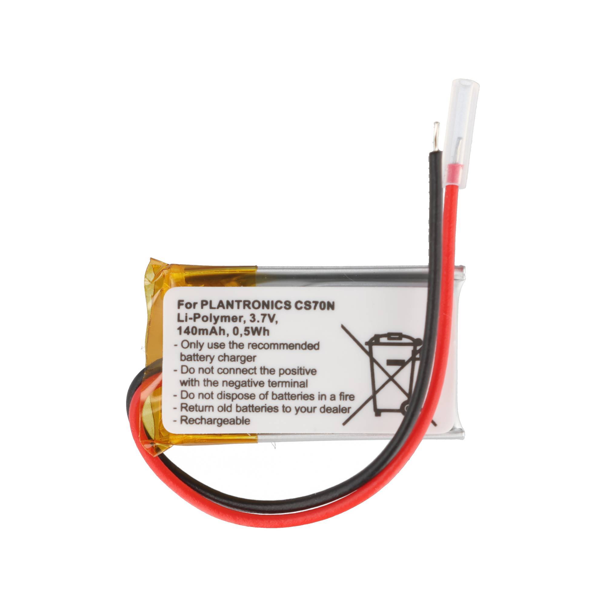 Kleine wiederaufladbare Li-Polymer-Batterie mit roten und schwarzen Kabeln und Stecker, beschriftet mit „Für PLANTRONICS CS70N