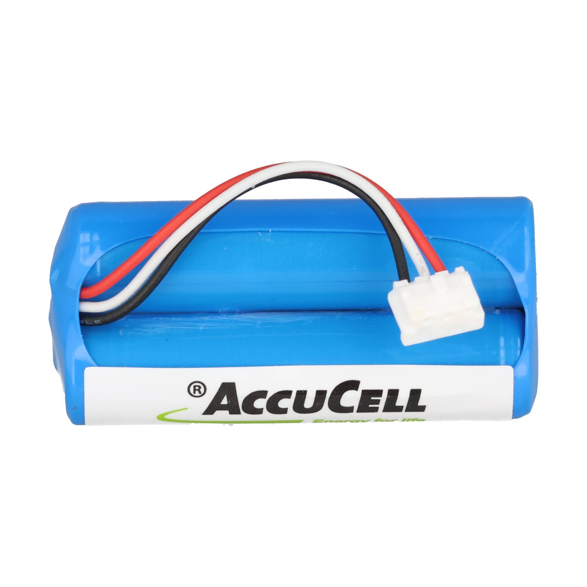 Blaues AccuCell-Akku-Batteriepack mit drei angebrachten Drähten und weißem Stecker auf weißem Hintergrund.
