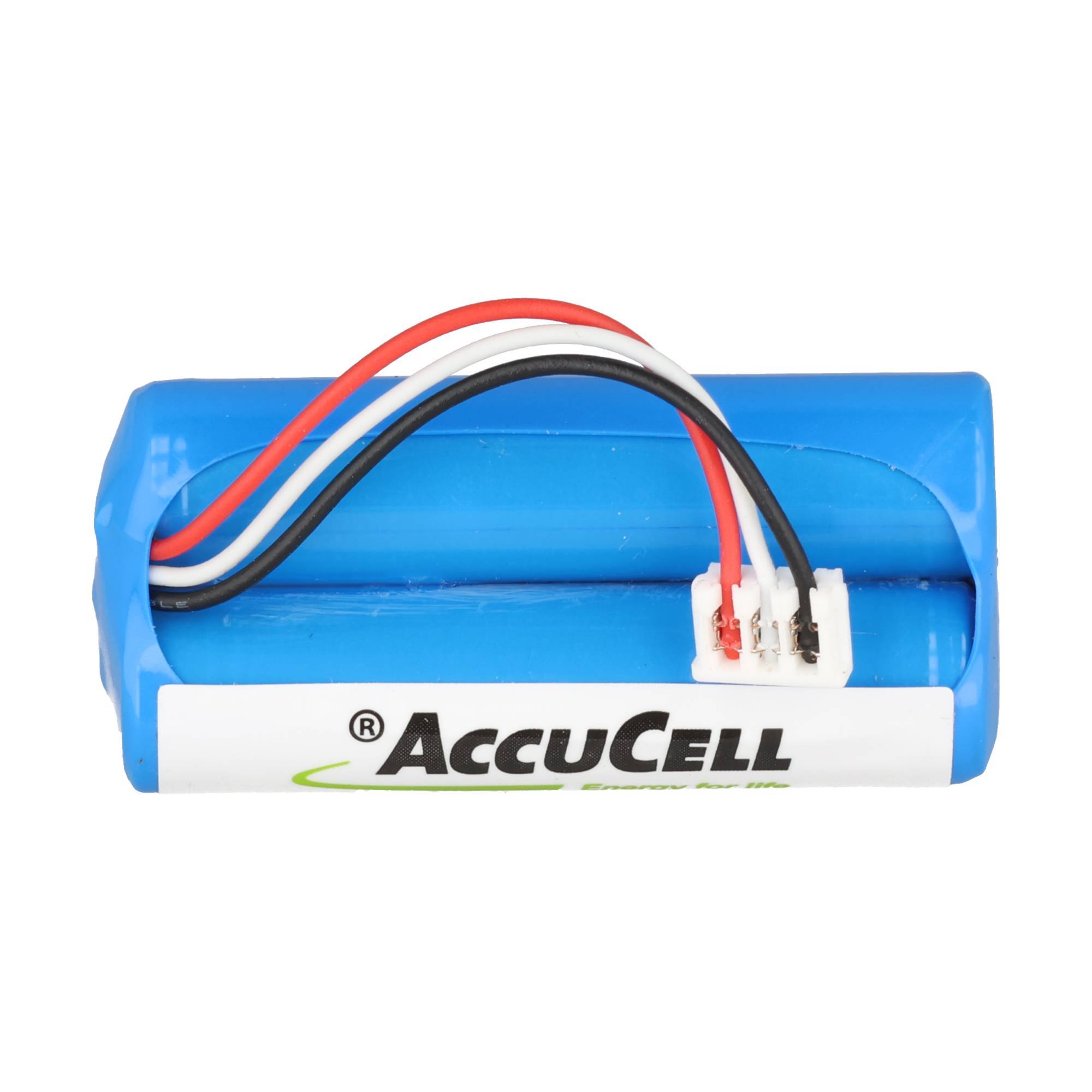 Blaues AccuCell-Akku-Pack mit angebrachten roten, schwarzen, weißen und orangefarbenen Drähten sowie Stecker auf weißem Hintergrund.