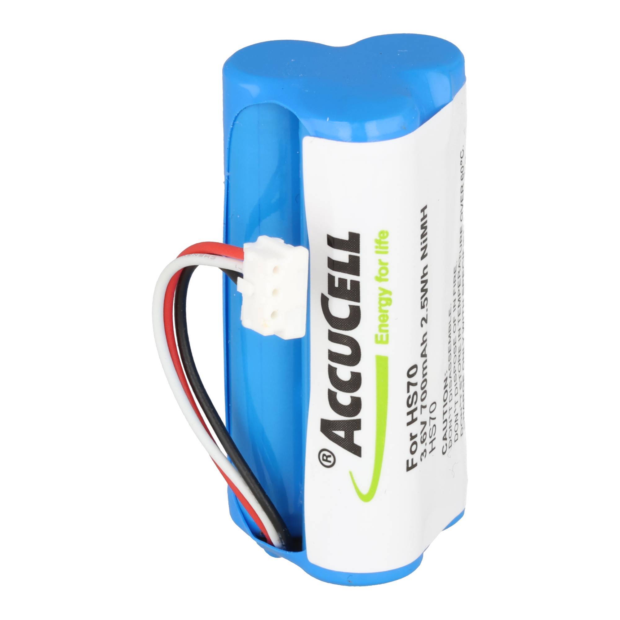 Blau-weiße AccuCell-Batterie mit Akku-Funktion und angebrachten roten, schwarzen und weißen Drähten sowie Stecker.