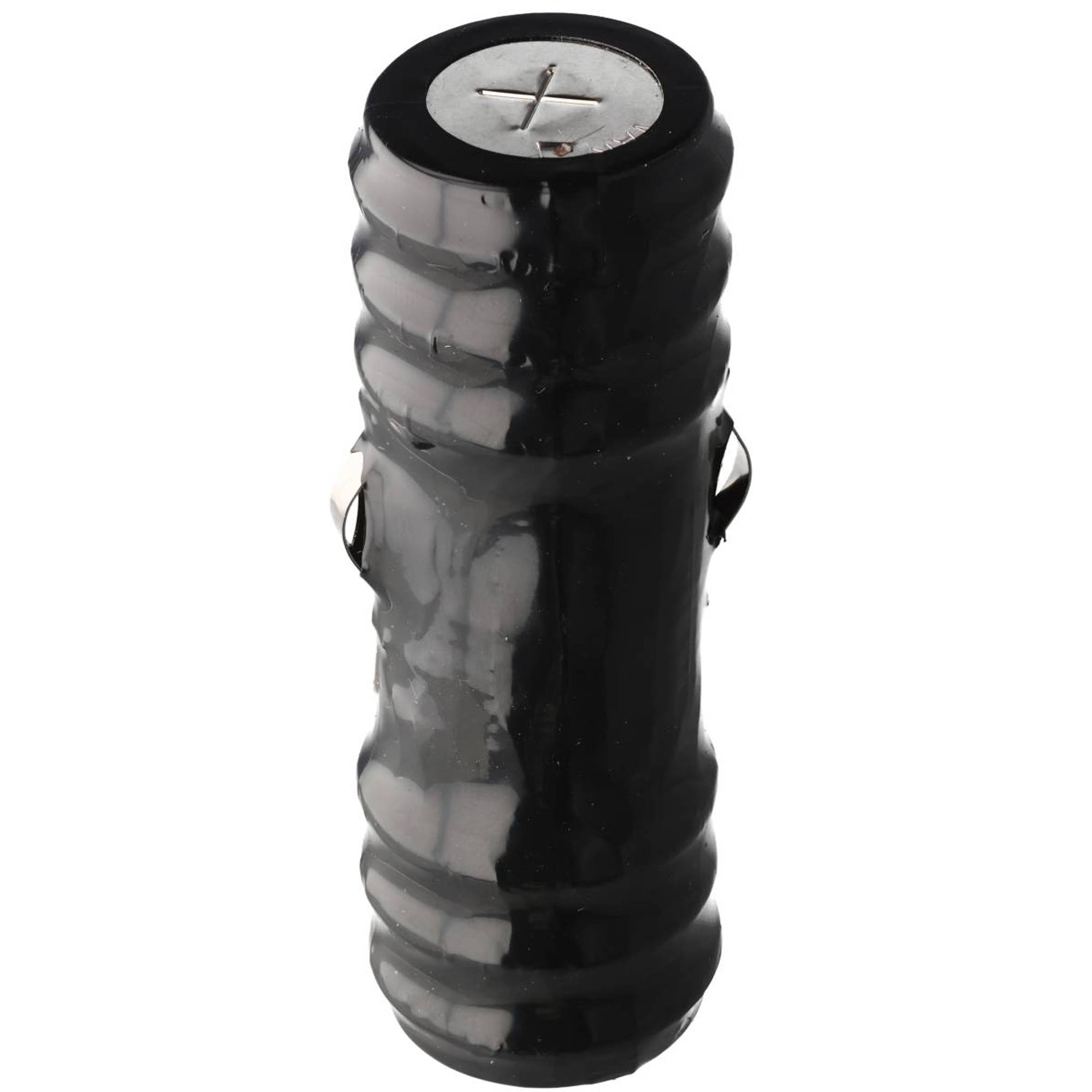 Schwarzes zylindrisches Batteriepack mit einem Metallanschluss mit Kreuzkennzeichnung oben, freigestellt auf weißem Hintergrund.
