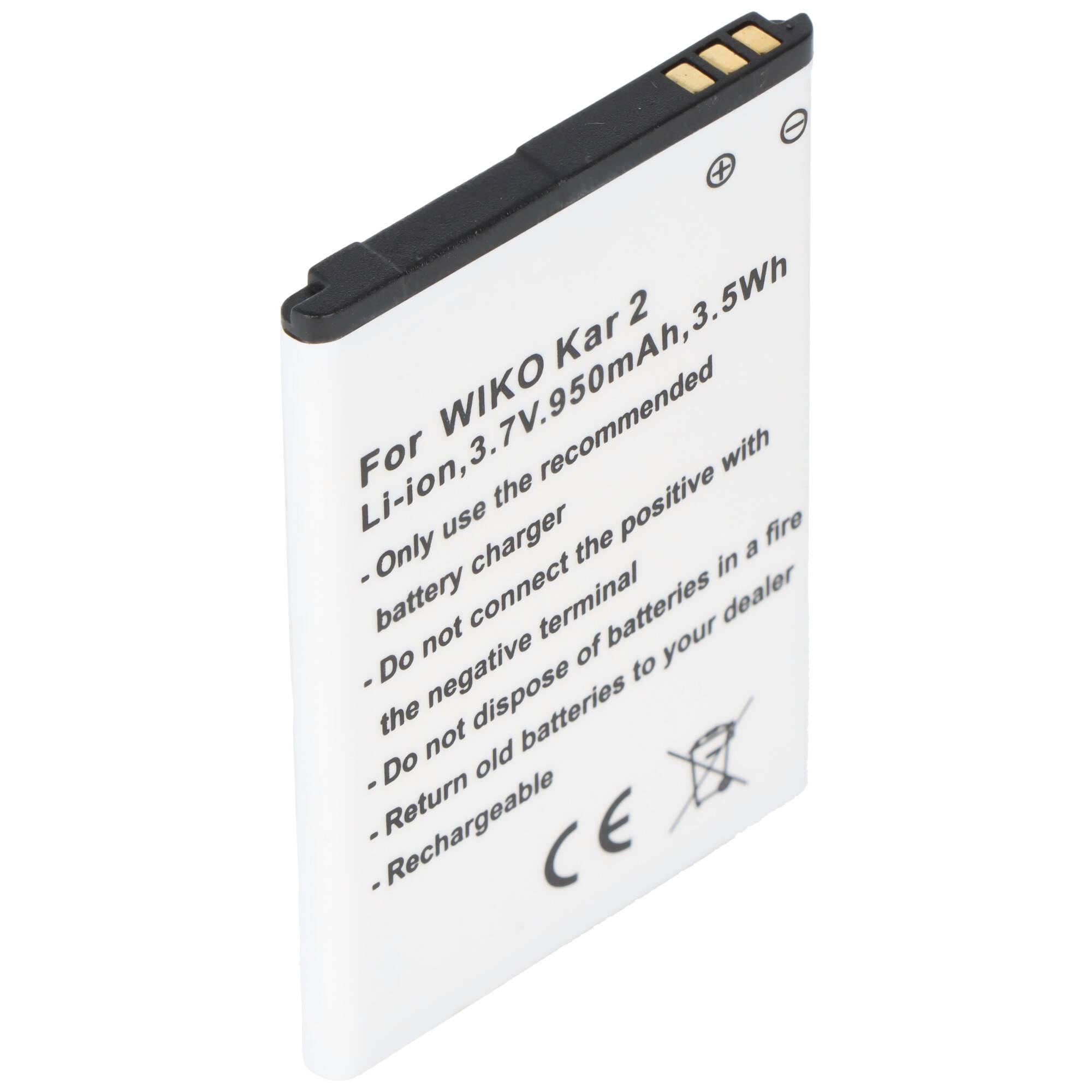 Weißer Lithium-Ionen-Handyakku mit Bezeichnung für WIKO Kar2, 3,7V 950mAh 3,5Wh, mit Goldkontakten und Polaritätssymbolen.