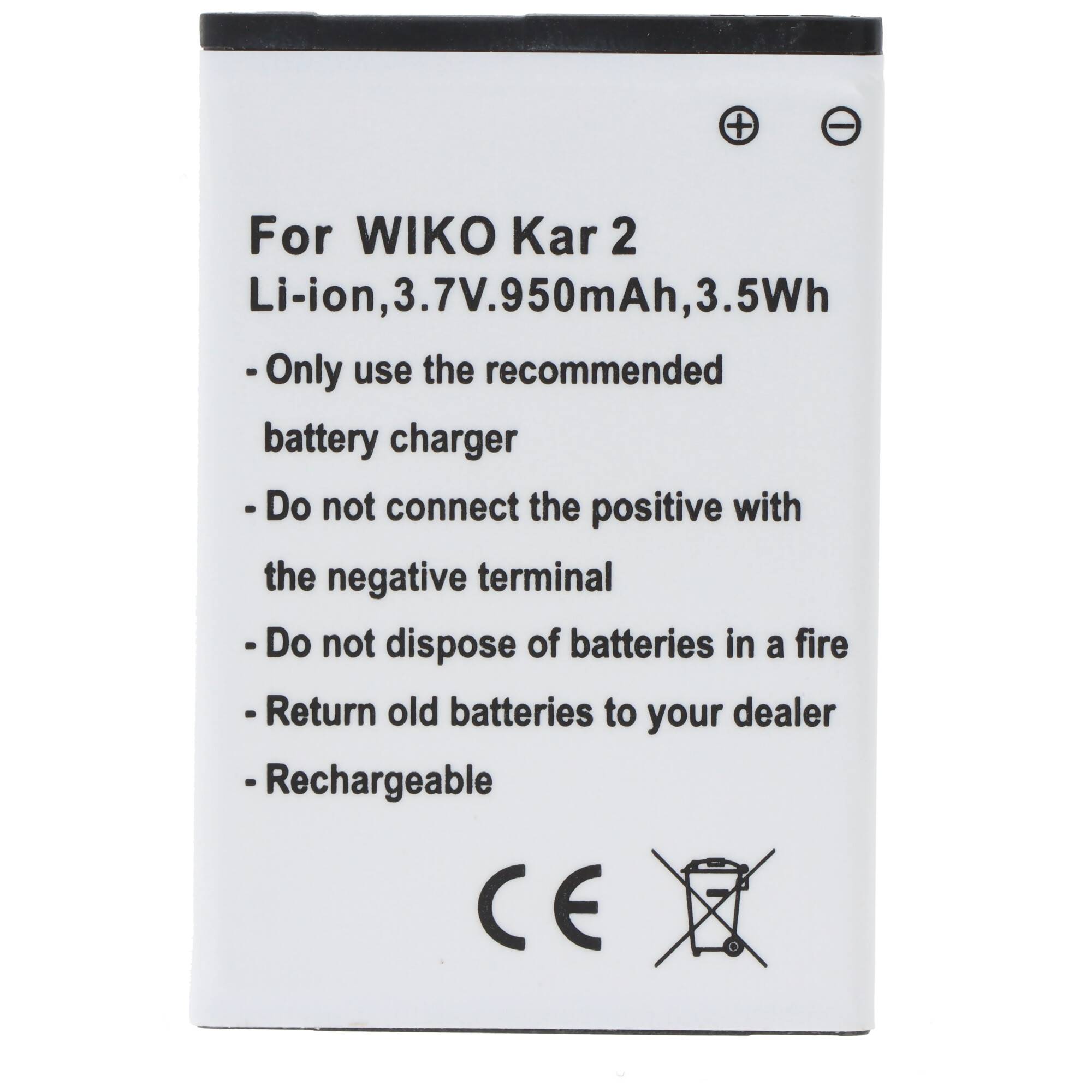 WIKO Kar 2 wiederaufladbarer Li-Ionen-Akku, 3,7V 950mAh 3,5Wh, mit Sicherheitswarnungen und CE-/Recycling-Symbolen.