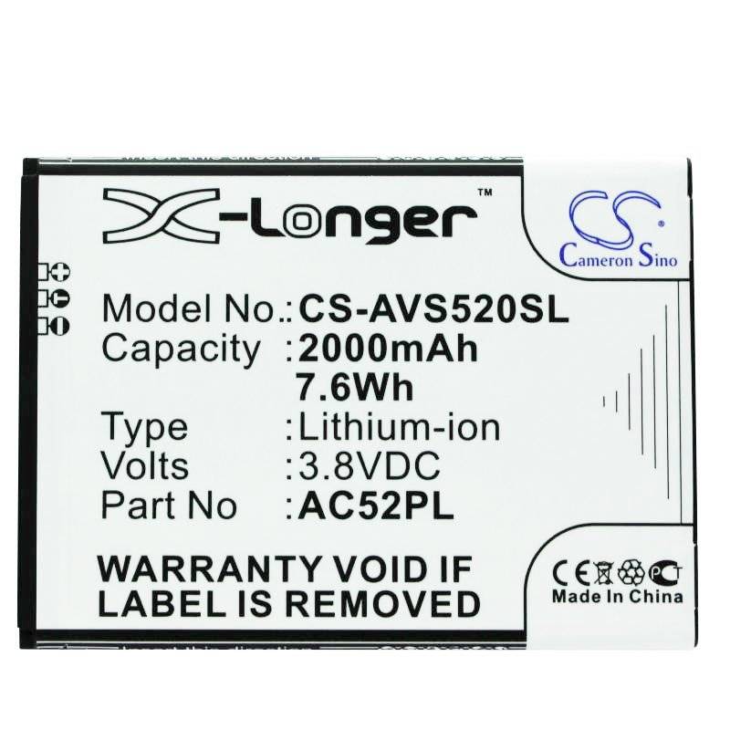 Etikett auf X-Longer Lithium-Ionen-Akkupack mit Modell CS-AVS520SL, 2000mAh, 7,6Wh, 3,8VDC, Teil AC52PL, Garantiewarnung.