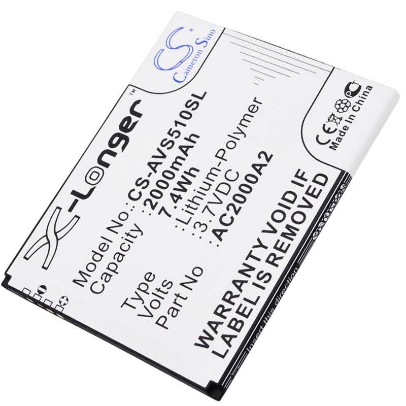 Weiße Smartphone-Batterie mit der Bezeichnung T-Longer, CS-AVSS10SL, 2000mAh, 7.4Wh, Li-Ionen, mit Garantiewarnung und 