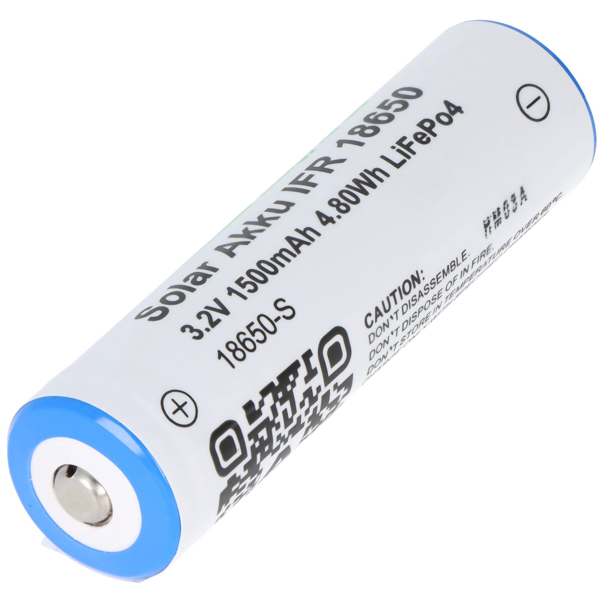 3,2 Volt Solar Akku Lithium 18650 IFR LiFePo4 Akku mit Kopf ungeschützt, 1400-1500mAh, Abmessungen ca. 66,1x18mm