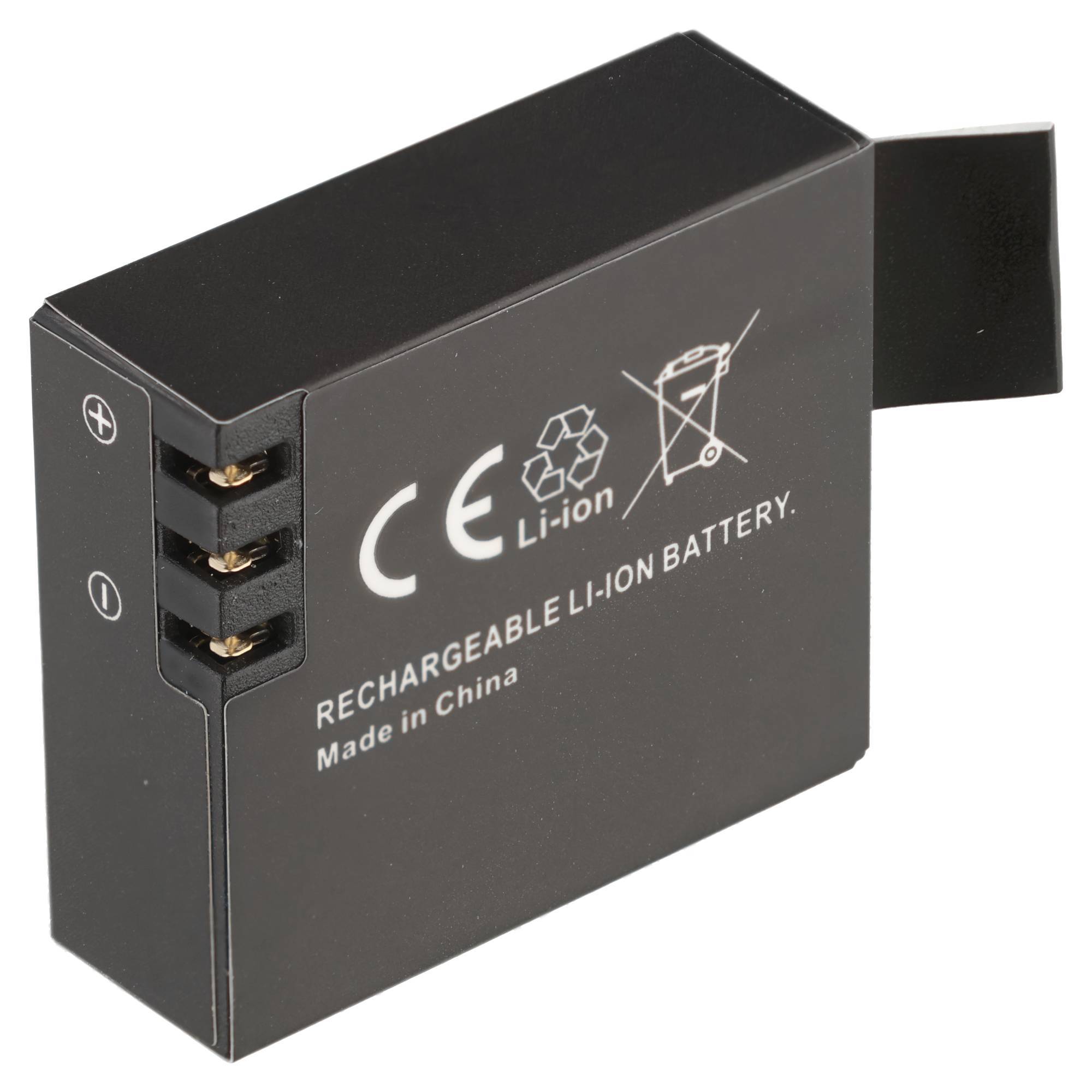 Schwarzes wiederaufladbares Lithium-Ionen-Akkupack mit freiliegenden Anschlüssen und Abziehllasche, gekennzeichnet mit „RECHARGEABLE LI-ION BATTERY