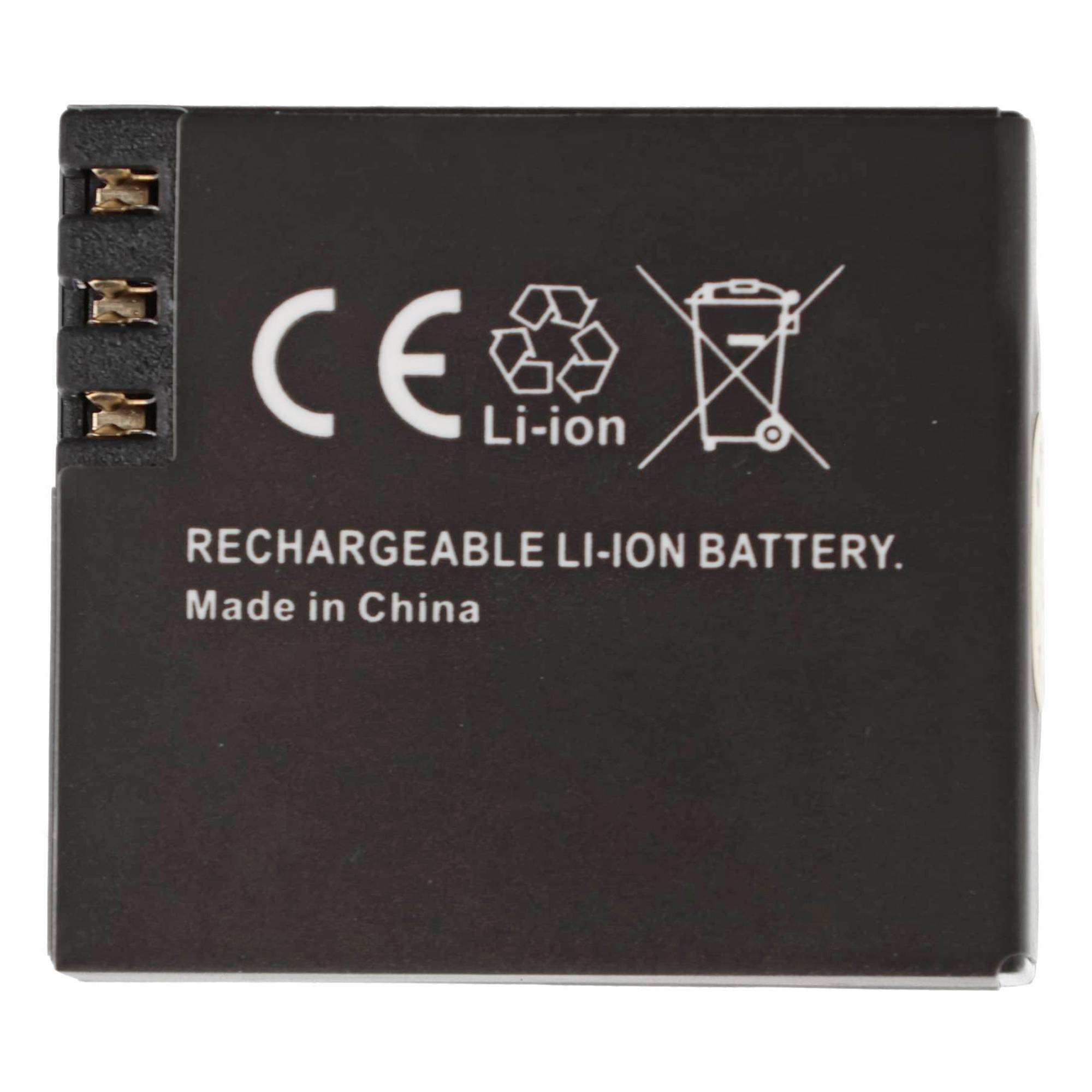 Schwarze wiederaufladbare Lithium-Ionen-Batterie mit CE- und Recycling-Symbolen und der Aufschrift „WIEDERAUFLADBARE LITHIUM-IONEN-BATTERIE. Hergestellt in China