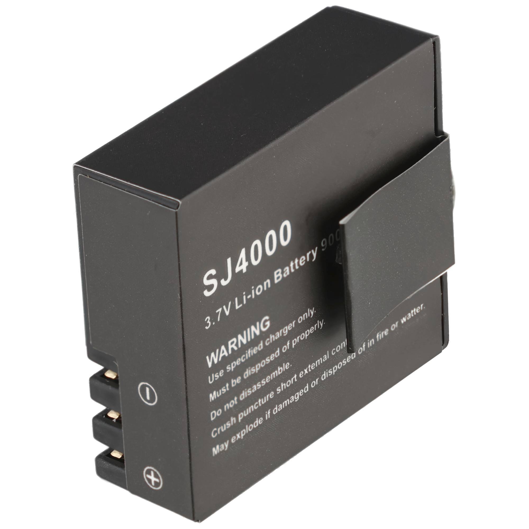 Schwarze SJ4000 3.7V Li-Ionen-Batterie mit beschrifteten Anschlüssen und Warntext.