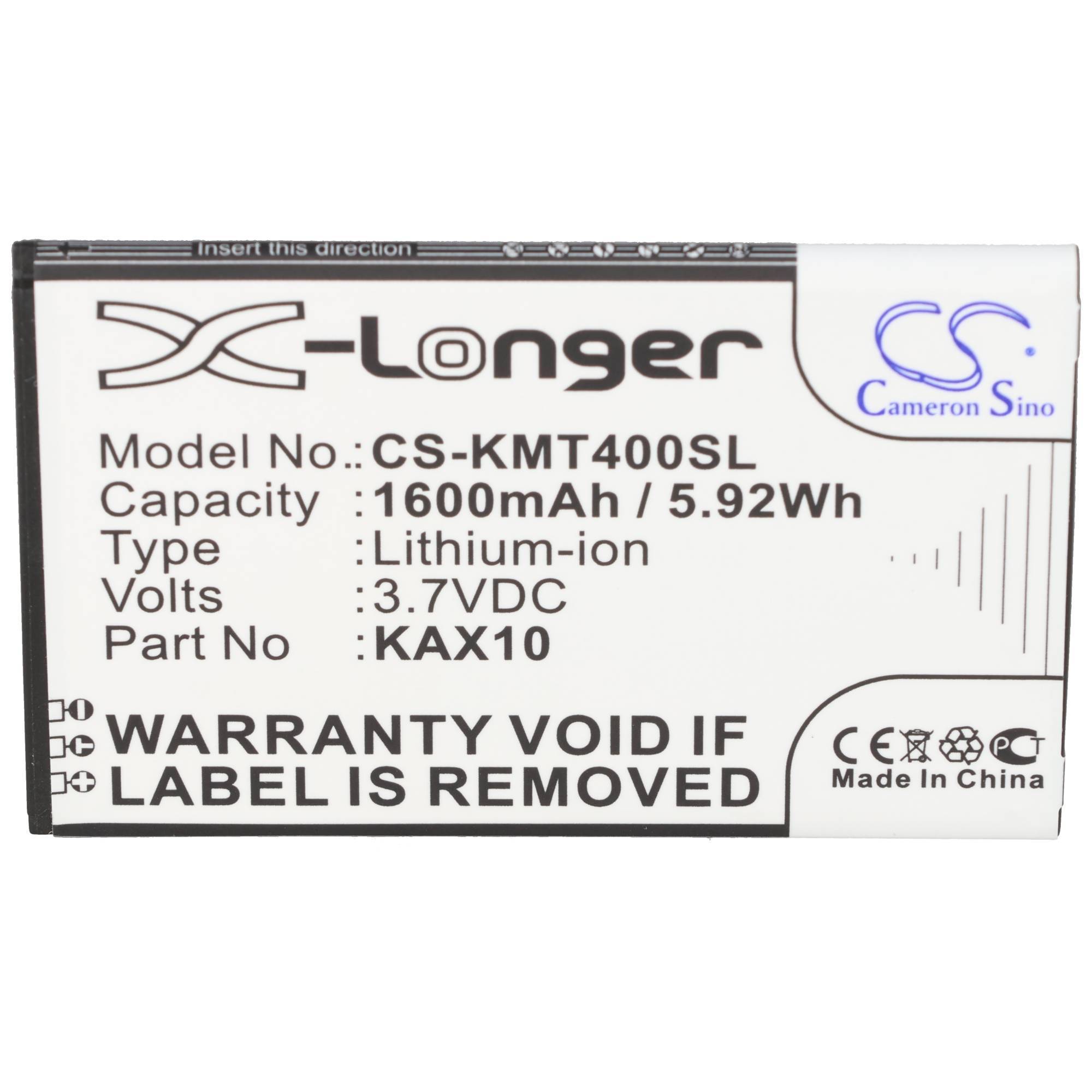 Ein Kamerabatterielabel für X-Longer/Cameron Sino, Modell CS-KMT400SL, 1600mAh 5.92Wh Lithium-Ionen, 3,7V, Teil KAX10, mit Garantie-Ungültig-Warnung.