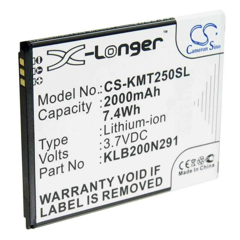 Ein Cameron Sino X-Longer Lithium-Ionen Handyakku mit der Modellbezeichnung CS-KMT250SL, 2000mAh, 3,7V, mit einer Warnung, dass die Garantie verfällt, wenn das Etikett entfernt wird.