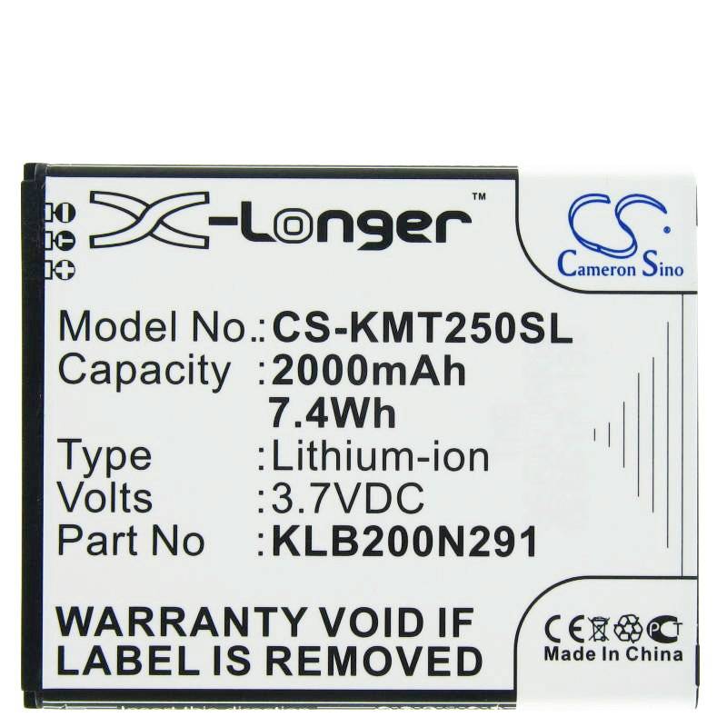 Batteriebezeichnung für X-Longer Modell CS-KMT250SL, 2000mAh 7,4Wh Lithium-Ionen-Batterie, 3,7VDC, Teil KLB200N291, mit Garantiewarnung.